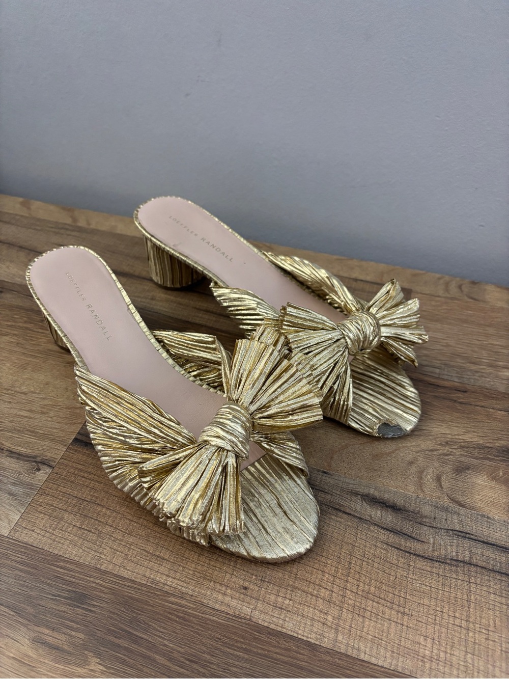 Loeffler Randall Penny Pleated Knotted Bow Heeled Mules Sandals Gold
